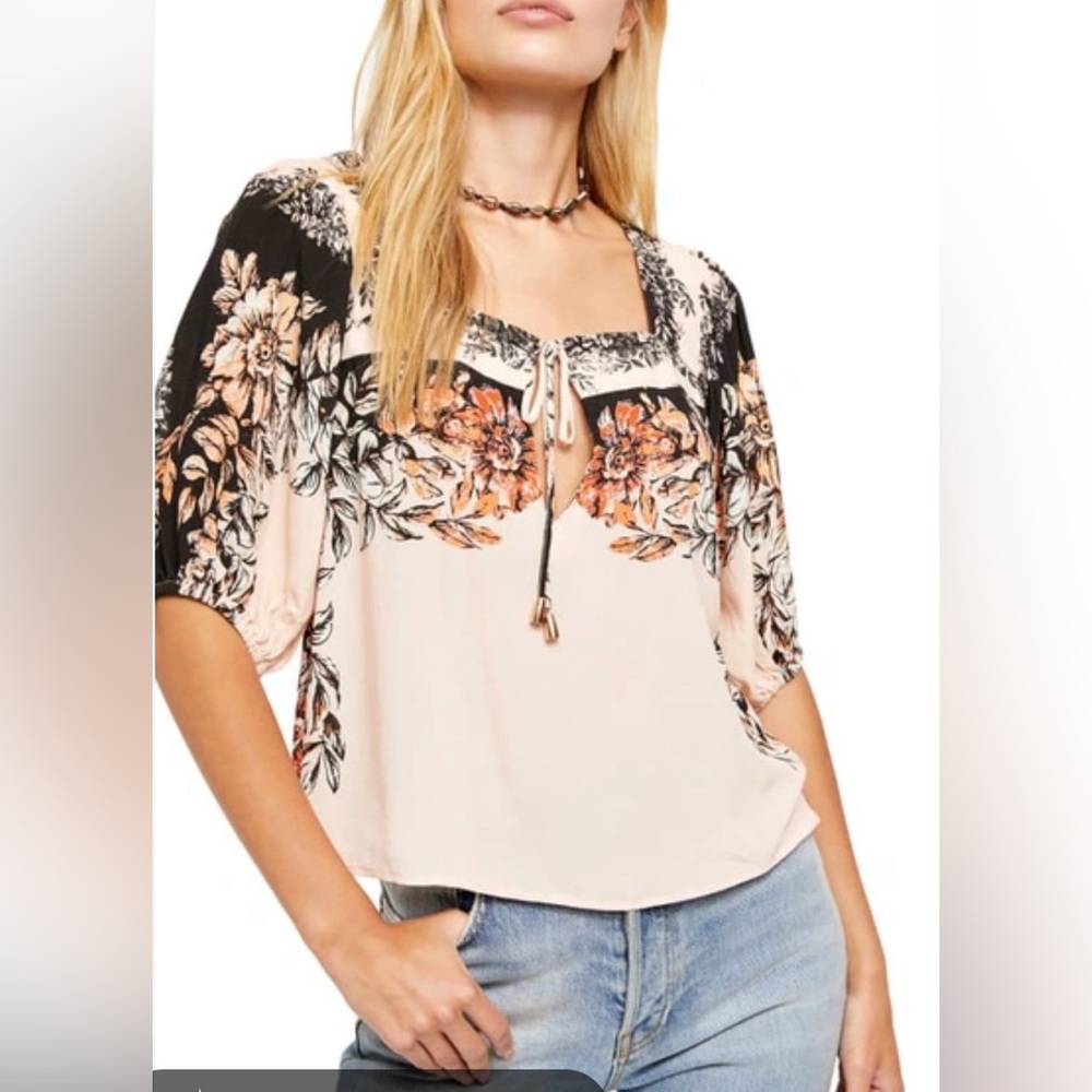 Free People Wild Memories Coral Floral Boho Top Sz S